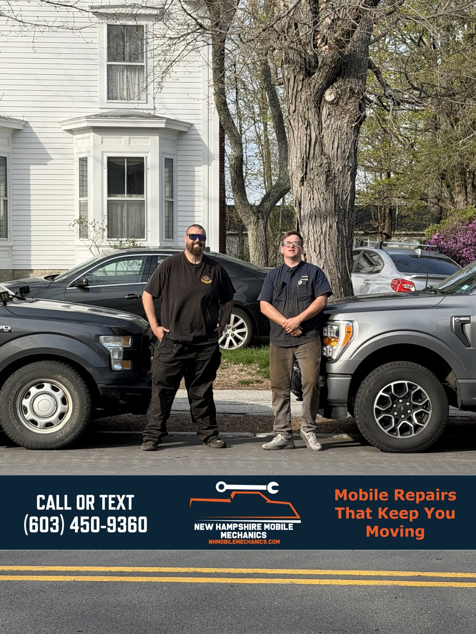 Two NH Mobile Mechanics team members standing between pickup trucks in the company’s July 2026 photograph